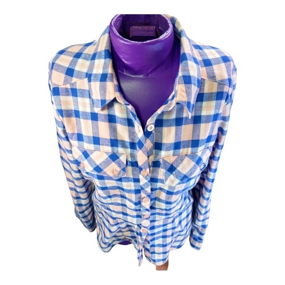 Matix blue tan plaid flannel button up women's shirt S - Picture 4 of 11